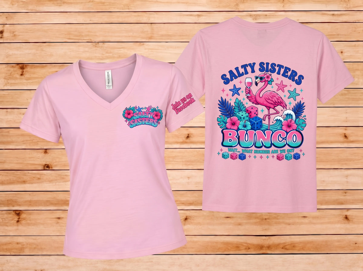 Short Sleeve T-Shirt V Neck Bunco Flamingo Salty Sisters