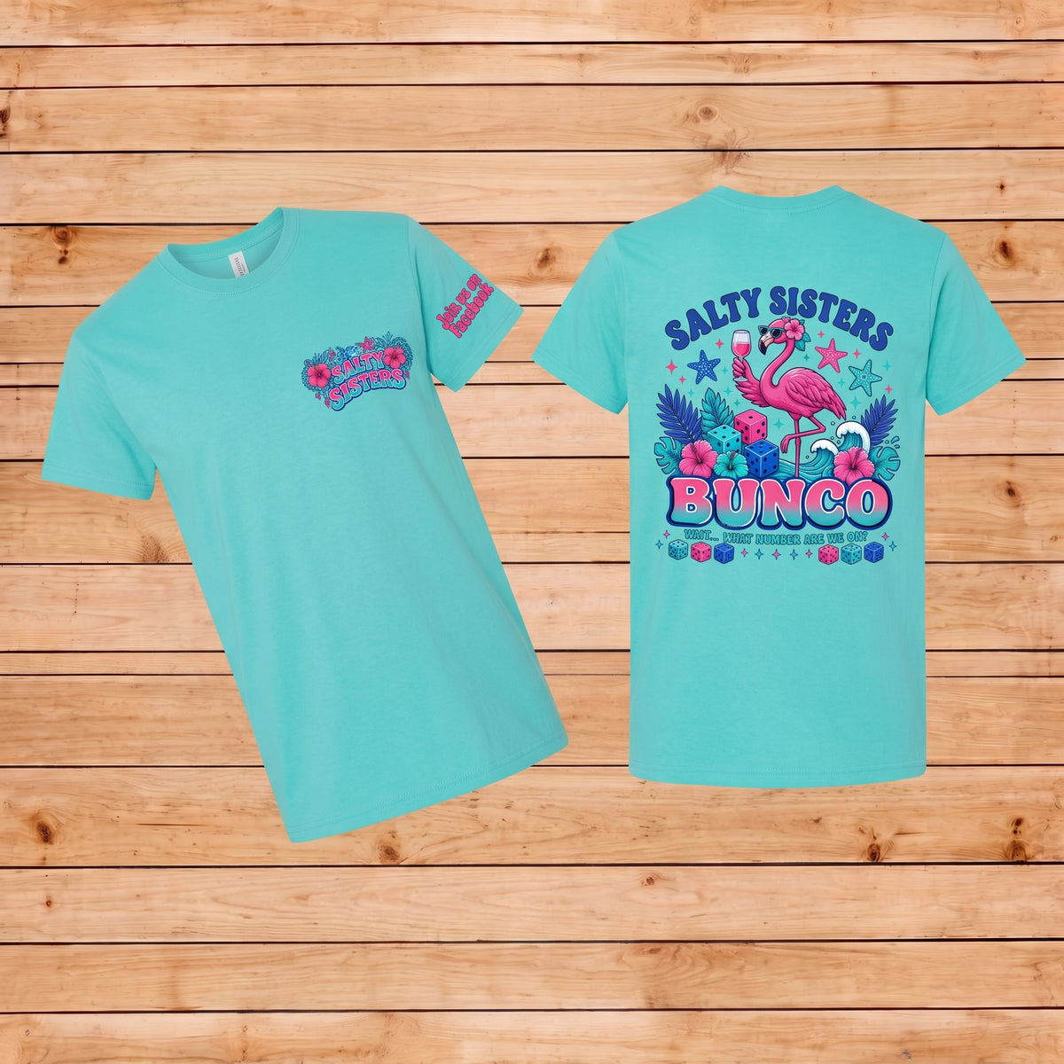 Short Sleeve T-Shirt Crew Neck Bunco Flamingo Salty Sisters